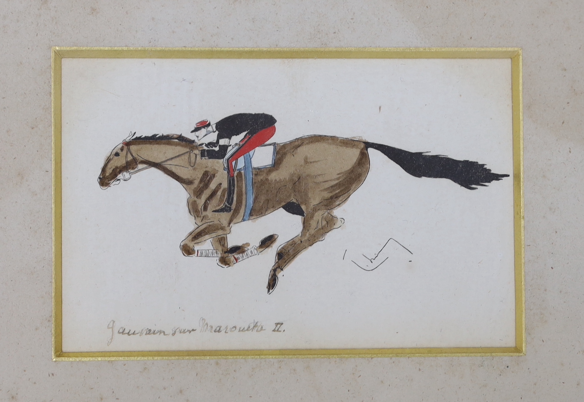 French School, set of five 20th century ink and watercolours, Horse racing and hunting interest, each inscribed in French, indistinctly signed, mounted and framed as one, 13 x 8cm